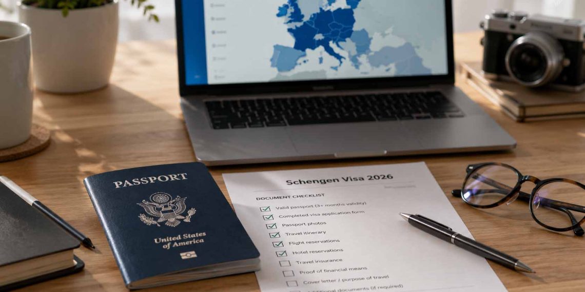 Mon expérience pour obtenir un visa Schengen (Guide complet 2026) 1 Classeur de préparation et passeport pour une demande de visa Schengen réussie en 2026 sur le site Find The Flights.
