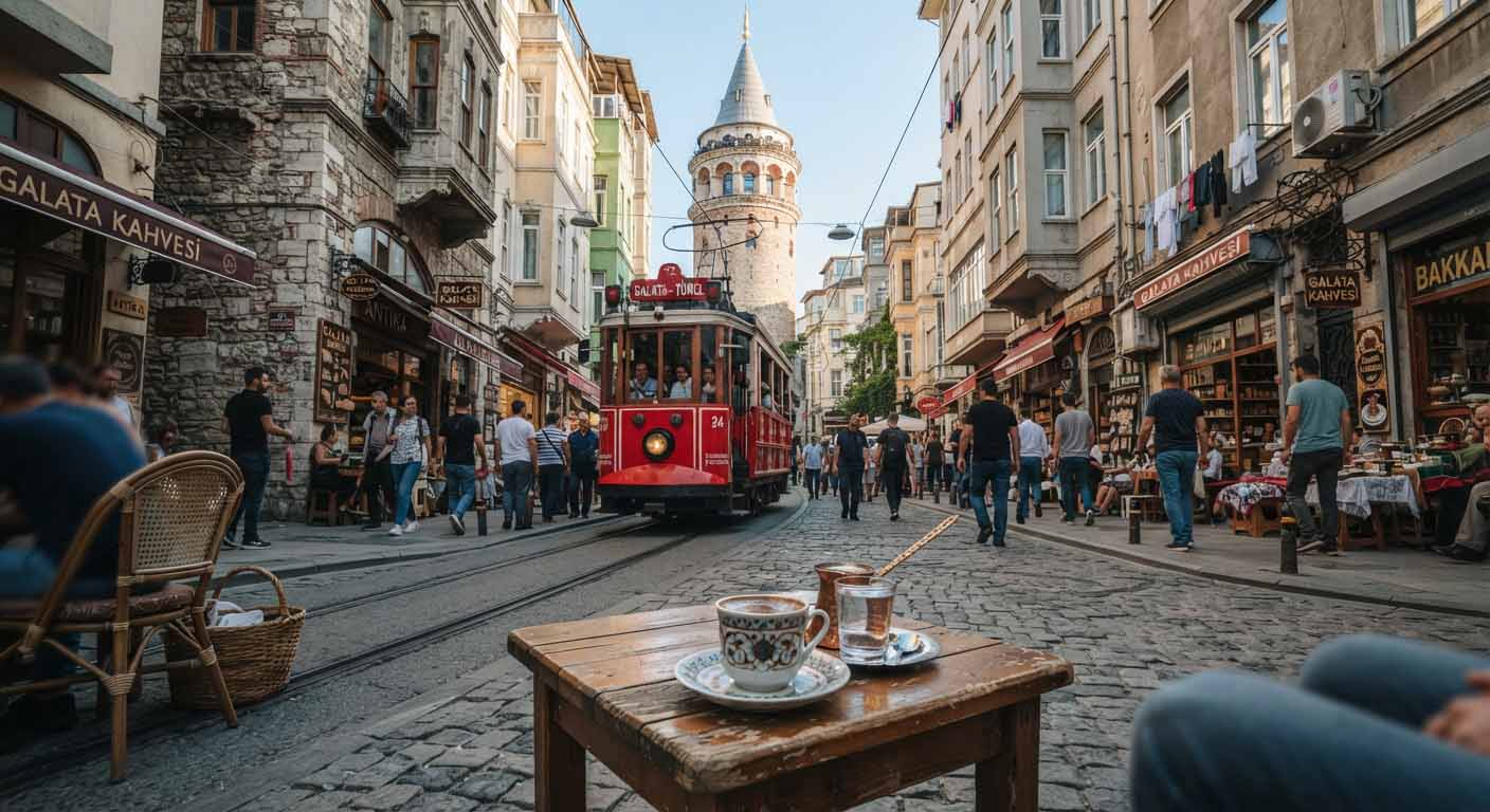 Ruelle pavée animée menant à la tour de Galata sur la rive européenne à Istanbul avec des cafés en terrasse au matin.