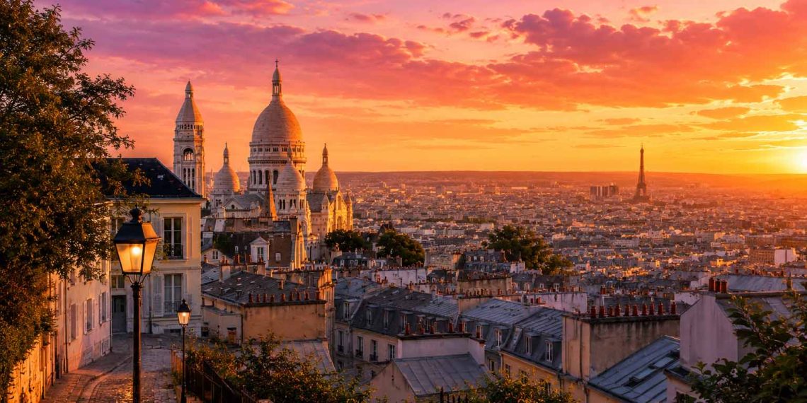 Les quartiers de Paris que je recommande selon votre budget 1 Vue panoramique sur les toits de Paris et le Sacré-Cœur de Montmartre au coucher du soleil
