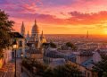 Vue panoramique sur les toits de Paris et le Sacré-Cœur de Montmartre au coucher du soleil