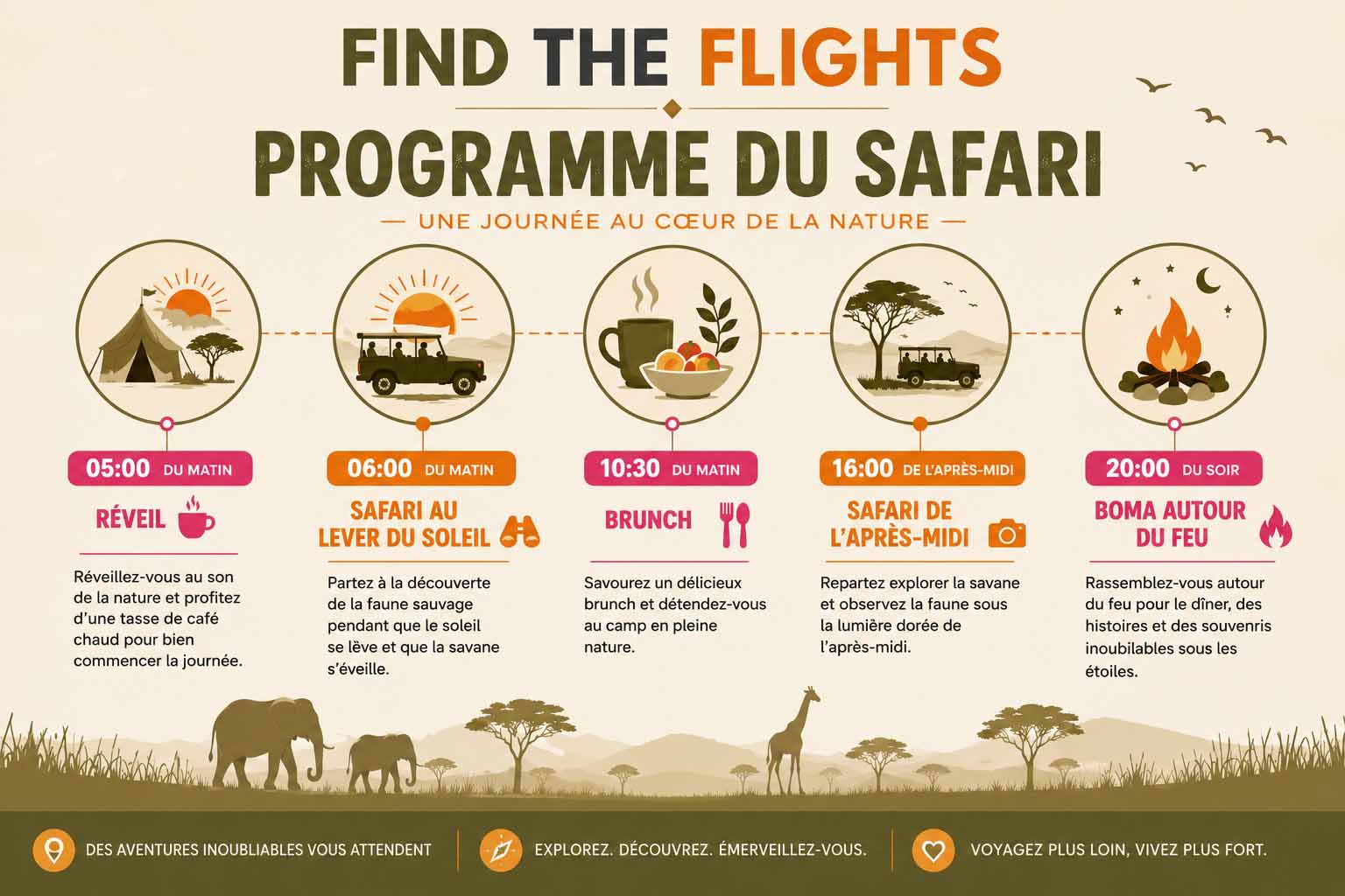 Ce que personne ne raconte sur un safari en Afrique 5 Infographie épurée présentant le déroulement chronologique d'une journée type en safari