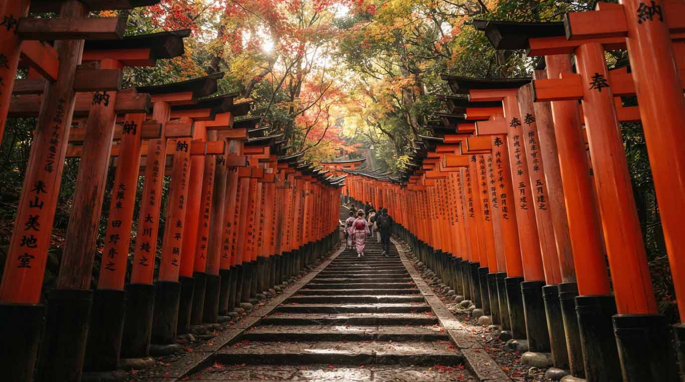 Le Japon en automne : pourquoi je repartirais à cette saison 6 Tunnel de toriis rouges à Fushimi Inari traversé par la lumière d'automne à Kyoto.