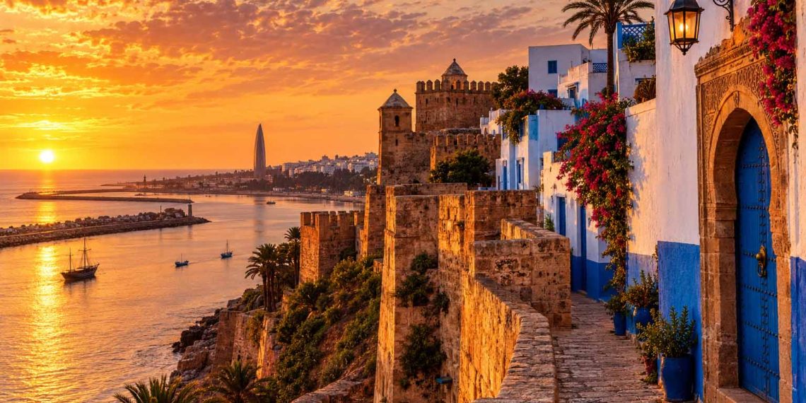 Mon itinéraire de 7 jours entre Rabat, Fès et Chefchaouen 1 Itinéraire de voyage d'une semaine entre Rabat, Fès et Chefchaouen au Maroc, vue de la Kasbah des Oudayas au coucher du soleil.