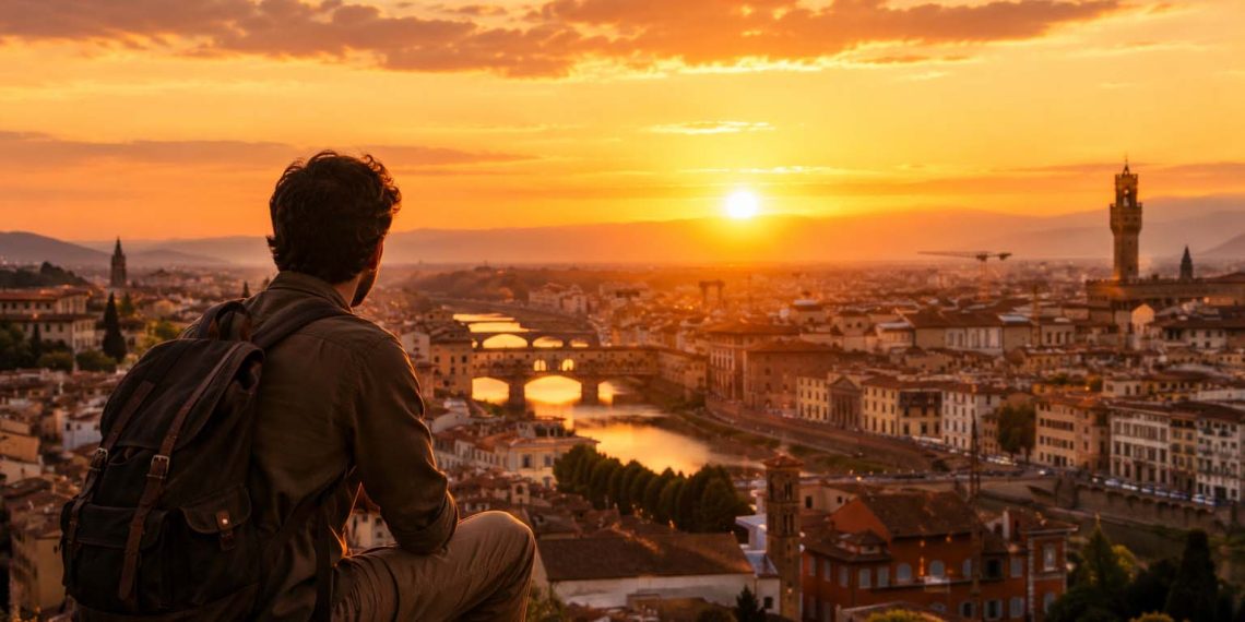 Les 20 leçons que j'ai apprises après avoir visité 15 pays 1 Un voyageur contemplant l'horizon au coucher du soleil au-dessus d'une cité historique mondiale, illustrant les leçons de voyage apprises.