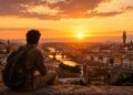 Un voyageur contemplant l'horizon au coucher du soleil au-dessus d'une cité historique mondiale, illustrant les leçons de voyage apprises.