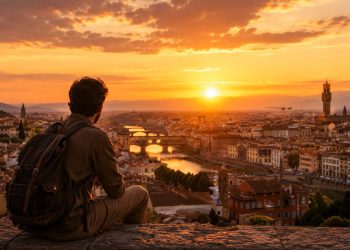 Un voyageur contemplant l'horizon au coucher du soleil au-dessus d'une cité historique mondiale, illustrant les leçons de voyage apprises.