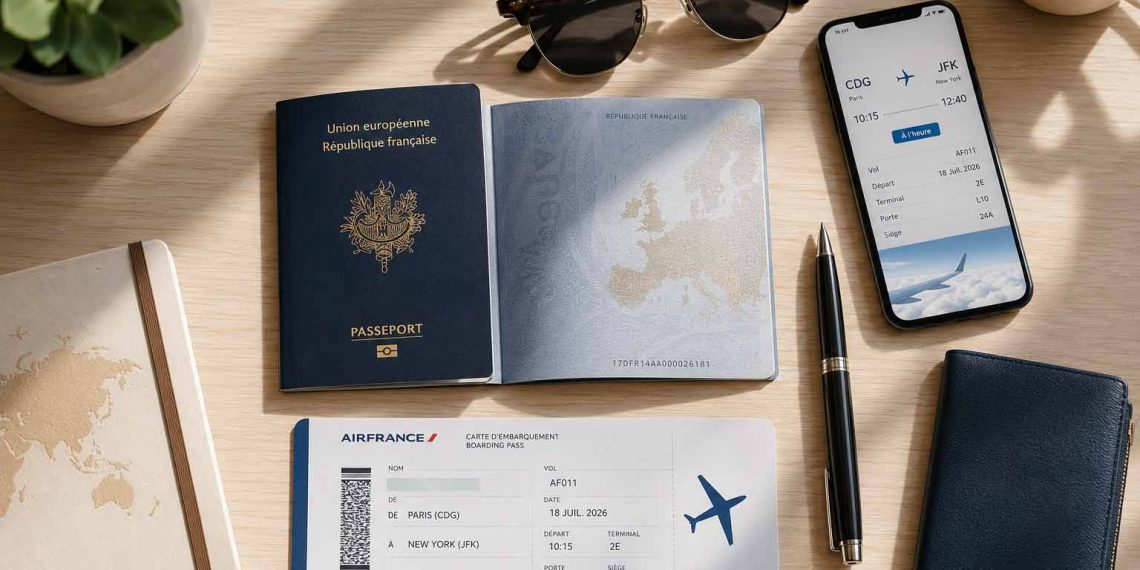 Les documents que j'avais oubliés avant mon départ (et comment j'ai évité le pire) 1 Passeport ouvert et carte d'embarquement sur un bureau en bois pour la préparation des documents de voyage.