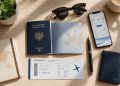 Passeport ouvert et carte d'embarquement sur un bureau en bois pour la préparation des documents de voyage.