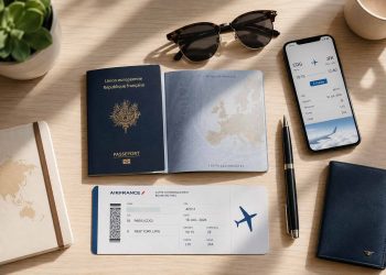 Les documents que j'avais oubliés avant mon départ (et comment j'ai évité le pire) 2 Passeport ouvert et carte d'embarquement sur un bureau en bois pour la préparation des documents de voyage.
