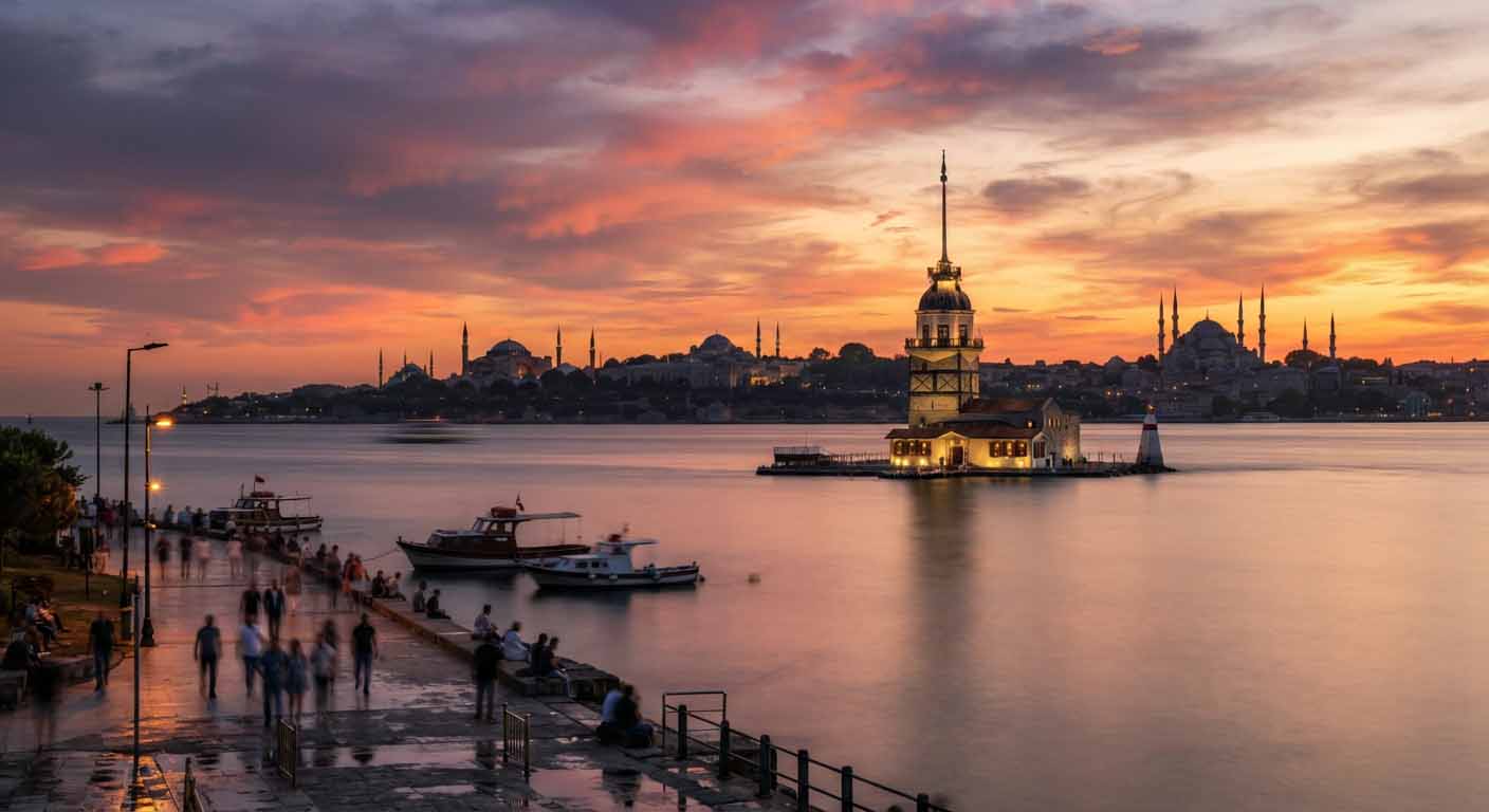 La Tour de la Vierge sur le Bosphore à Istanbul au coucher du soleil avec la silhouette des mosquées en arrière-plan.