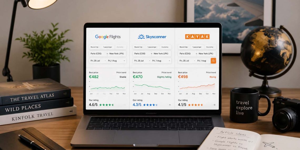 Google Flights, Skyscanner ou Kayak : lequel m'a permis d'économiser le plus ? 1 Comparatif visuel des interfaces de recherche de vols sur un ordinateur portable moderne.