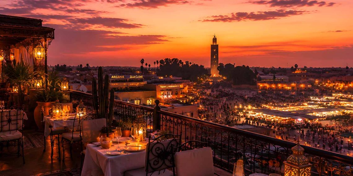 Guide gourmand 2026 : Le classement des 10 restaurants Marrakech que j'ai testés 1 Vue panoramique depuis la terrasse d'un restaurant rooftop à Marrakech au coucher du soleil sur la médina.