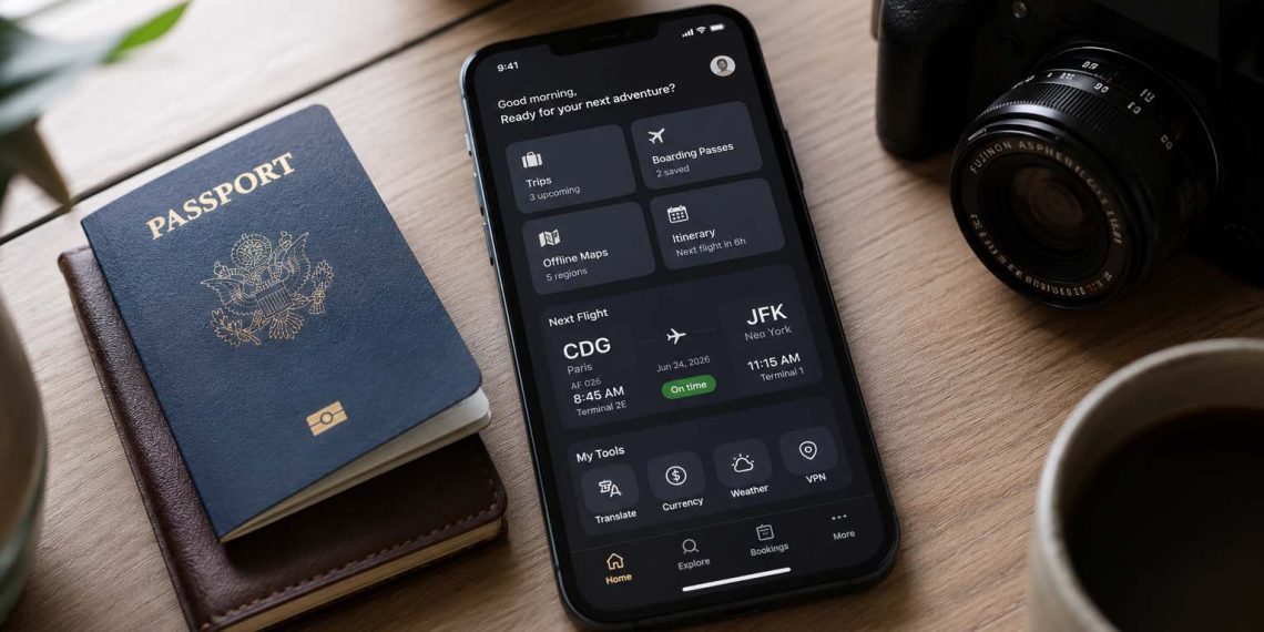 Les 12 applications que j'utilise à chaque voyage (Guide 2026) 1 Sélection des meilleures applications de voyage indispensables sur un smartphone posé sur une table aux côtés d'un passeport.