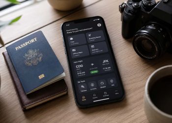 Sélection des meilleures applications de voyage indispensables sur un smartphone posé sur une table aux côtés d'un passeport.
