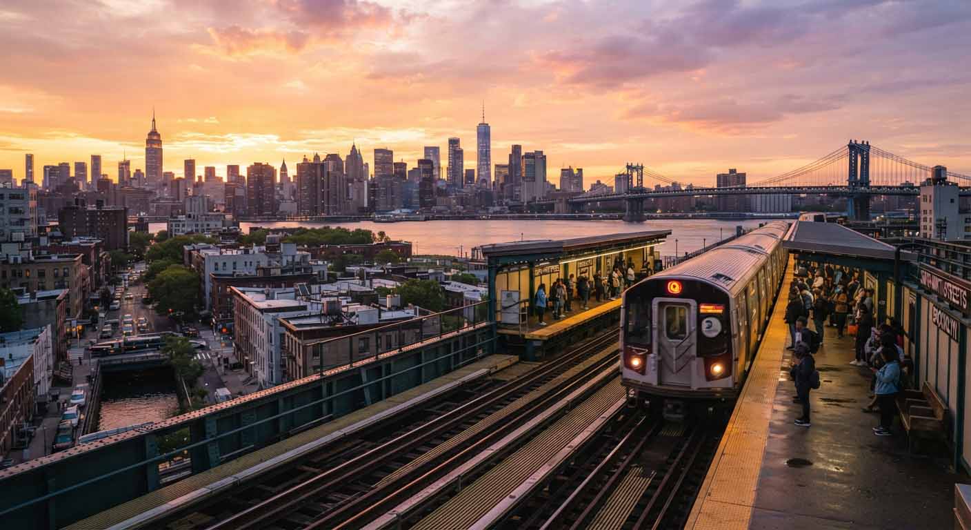 J'ai traversé New York en métro pendant une semaine : mon bilan 3 Rame de métro arrivant sur un quai aérien à Brooklyn avec la skyline de Manhattan en arrière-plan au coucher du soleil.