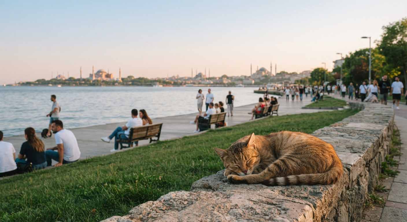Promenade côtière du quartier de Moda à Kadıköy sur la rive asiatique d'Istanbul face à la mer au coucher du soleil.