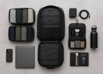 Mon équipement complet pour voyager léger (Guide 2026) 2 Vue de dessus soignée et plate (Flat lay) d'un équipement complet et minimaliste pour voyager léger avec un seul sac à dos cabine en 2026.