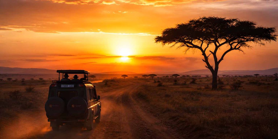 Mon safari en Tanzanie : combien cela m'a réellement coûté ? (Budget détaillé, itinéraire et conseils 2026) 1 Véhicule 4x4 de safari roulant sur une piste du Serengeti au lever du soleil en Tanzanie, illustration du budget voyage.