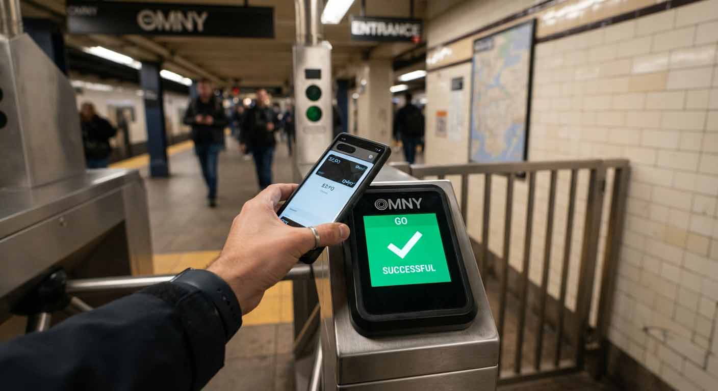 J'ai traversé New York en métro pendant une semaine : mon bilan 4 Gros plan d'une validation de trajet sans contact avec un smartphone sur un lecteur numérique OMNY dans le métro de New York.