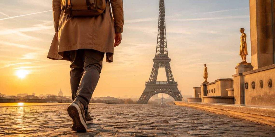 Paris à pied pendant 48 heures : les lieux qui valent vraiment le détour 1 Une personne marchant à pied sur l'esplanade du Trocadéro face à la Tour Eiffel au lever du soleil à Paris.