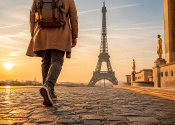 Une personne marchant à pied sur l'esplanade du Trocadéro face à la Tour Eiffel au lever du soleil à Paris.