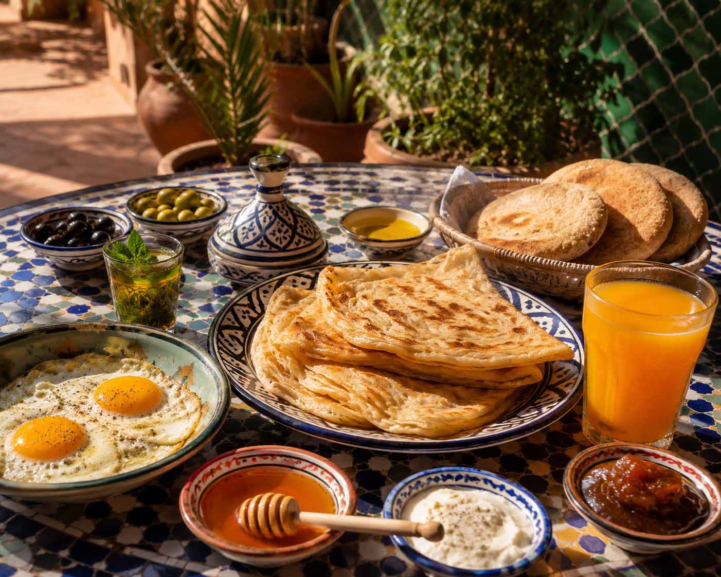 Les cafés de Marrakech où j'ai aimé travailler pendant mon voyage 5 Petit-déjeuner marocain complet servi sur une table en mosaïque à Marrakech.