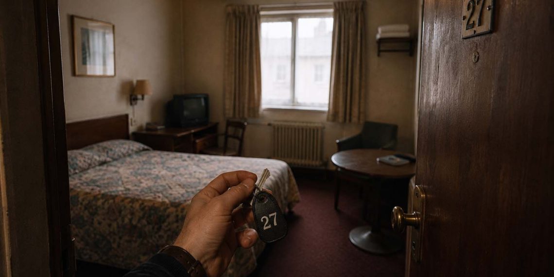 Le pire hôtel que j'ai réservé… et ce que j'ai appris 1 Vue depuis l'entrée d'une chambre d'hôtel décevante illustrant les erreurs de réservation de voyage.