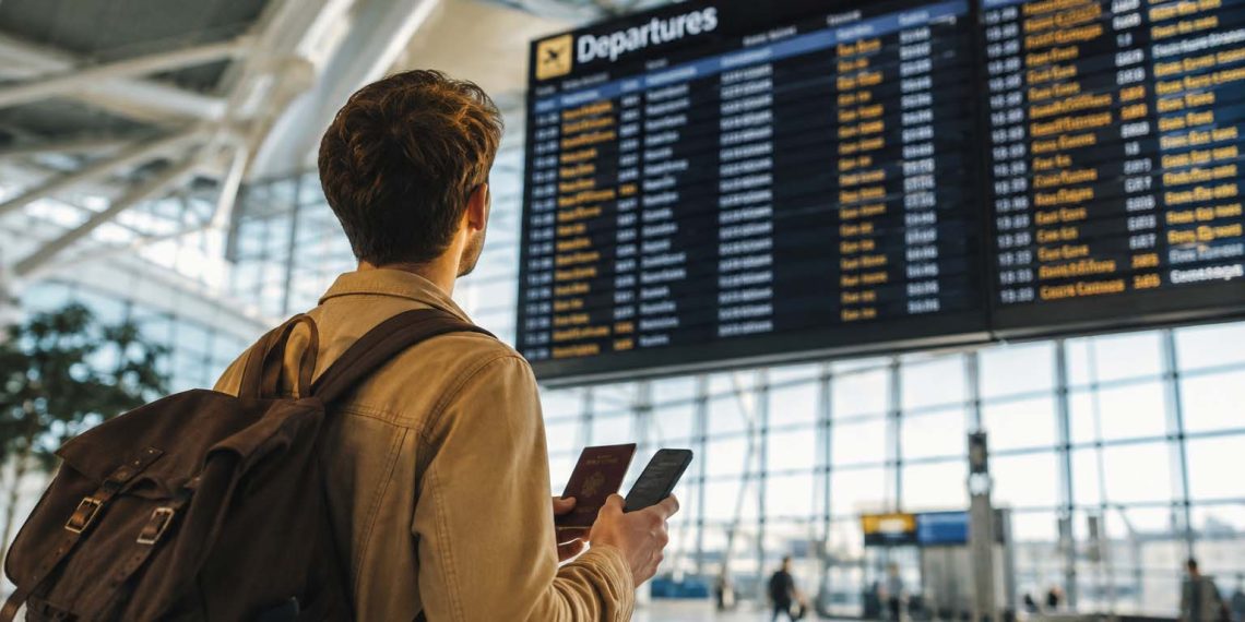 Les erreurs que j'ai faites lors de mon premier vol : Le guide ultime pour votre premier voyage en avion 1 Un jeune voyageur souriant regardant le panneau d'affichage des départs dans un aéroport moderne pour son premier vol en avion.