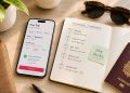 Bureau de voyageur avec smartphone affichant une réservation d'hôtel flexible avec annulation gratuite et carnet de voyage.