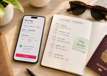 Bureau de voyageur avec smartphone affichant une réservation d'hôtel flexible avec annulation gratuite et carnet de voyage.