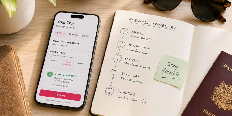 Bureau de voyageur avec smartphone affichant une réservation d'hôtel flexible avec annulation gratuite et carnet de voyage.