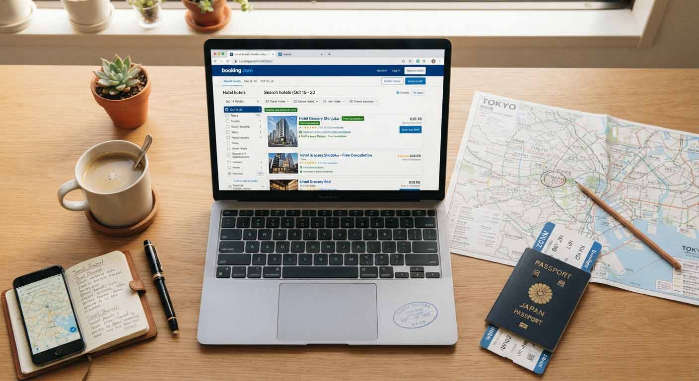 Bureau de préparation de voyage avec ordinateur montrant l'option annulation gratuite et carte routière.
