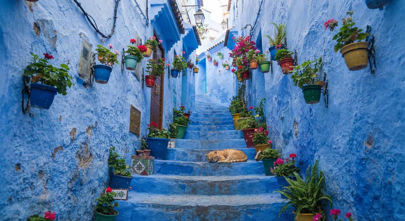 Mon itinéraire de 7 jours entre Rabat, Fès et Chefchaouen 4 Escalier traditionnel peint en bleu avec des pots de fleurs colorés dans la médina de Chefchaouen.