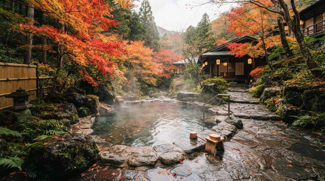 Le Japon en automne : pourquoi je repartirais à cette saison 5 Bain thermal extérieur onsen en pierre entouré d'érables rouges à Hakone en automne.