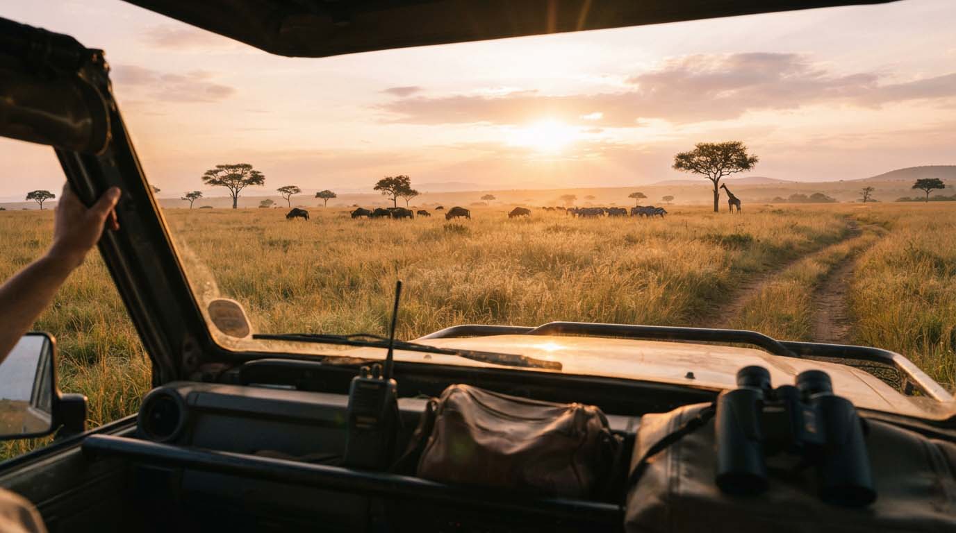 Ce que personne ne raconte sur un safari en Afrique 2 Vue depuis l'intérieur d'un véhicule 4x4 de safari ouvert face au lever de soleil dans la savane