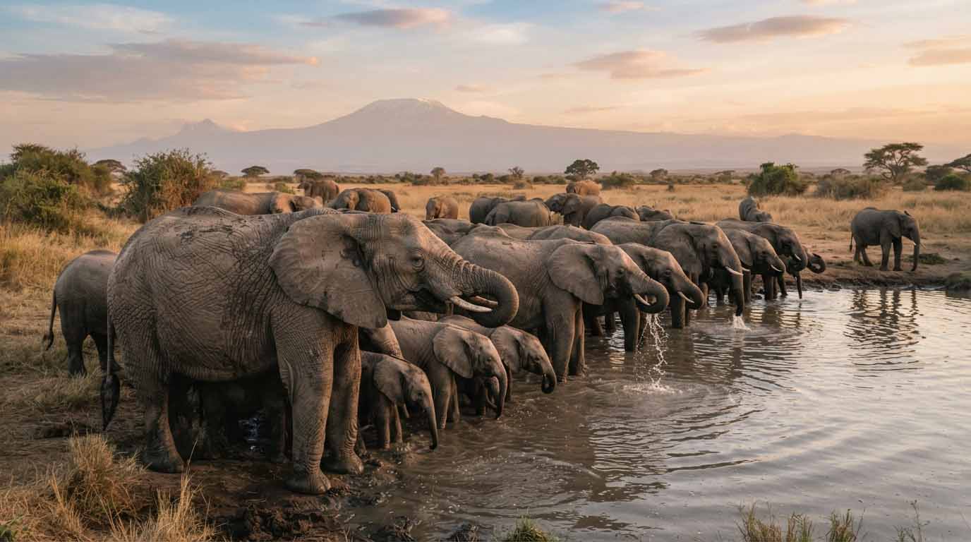 Ce que personne ne raconte sur un safari en Afrique 3 Un troupeau d'éléphants d'Afrique buvant autour d'un point d'eau naturel au coucher du soleil