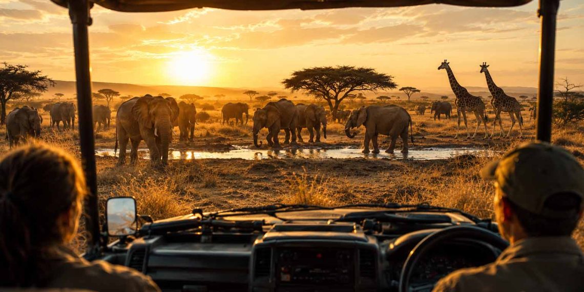 Ce que personne ne raconte sur un safari en Afrique 1 Véhicule de safari 4x4 ouvert face au lever de soleil dans la savane du Serengeti