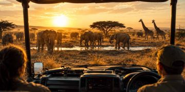 Véhicule de safari 4x4 ouvert face au lever de soleil dans la savane du Serengeti