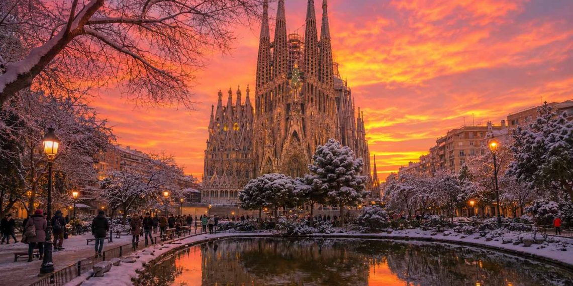 Barcelone en hiver : une meilleure idée qu'en été ? 1 Vue de la basilique de la Sagrada Família de Barcelone sous la lumière dorée du soleil d'hiver en basse saison.
