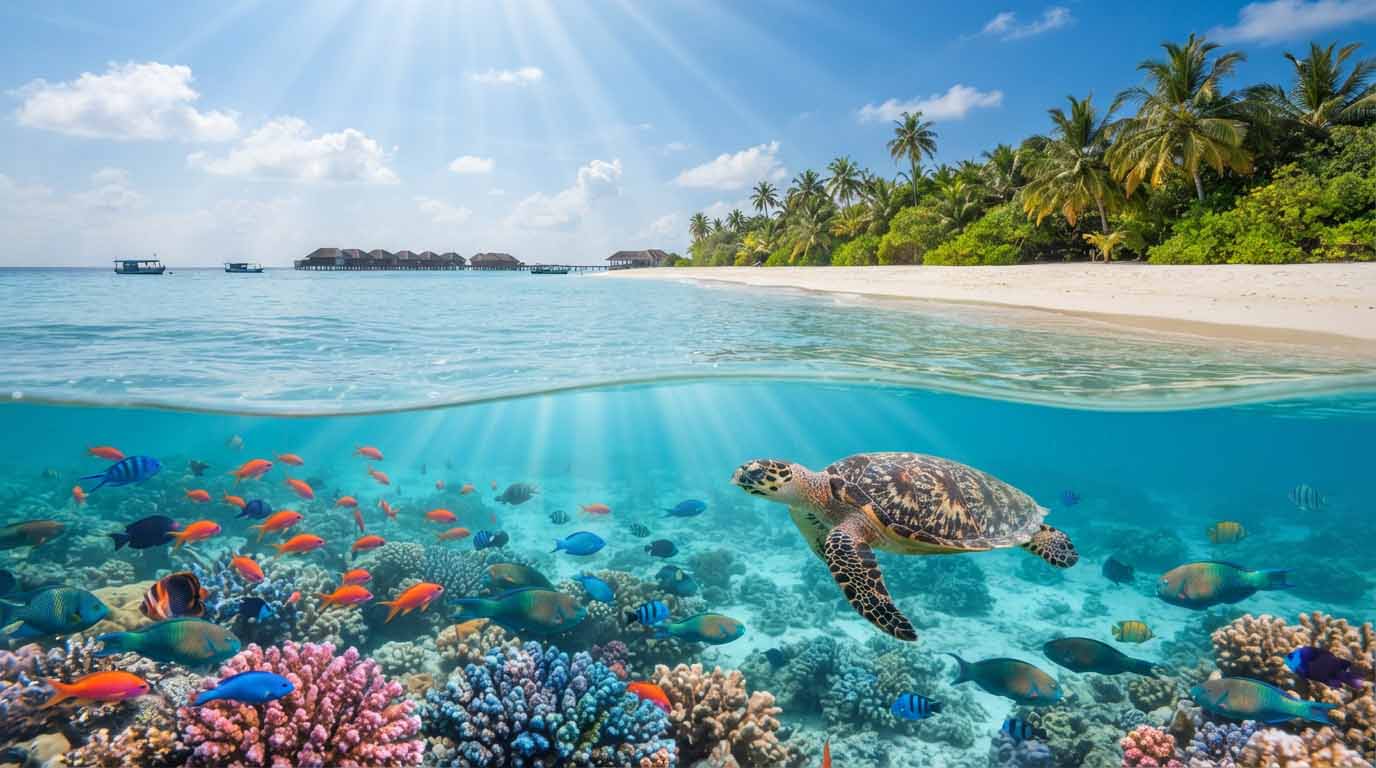Les Maldives sans luxe : mon voyage était-il réussi ? 3 Tortue marine nageant au-dessus d'un récif corallien dans le lagon d'une île locale aux Maldives.