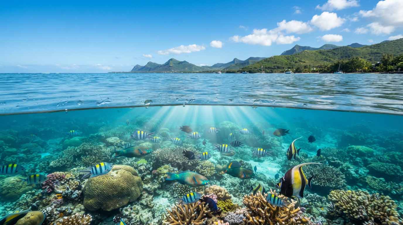 Île Maurice : les plages qui m'ont vraiment surpris 3 Vue mi-eau mi-air des fonds marins et coraux du parc marin de Blue Bay à l'Île Maurice.