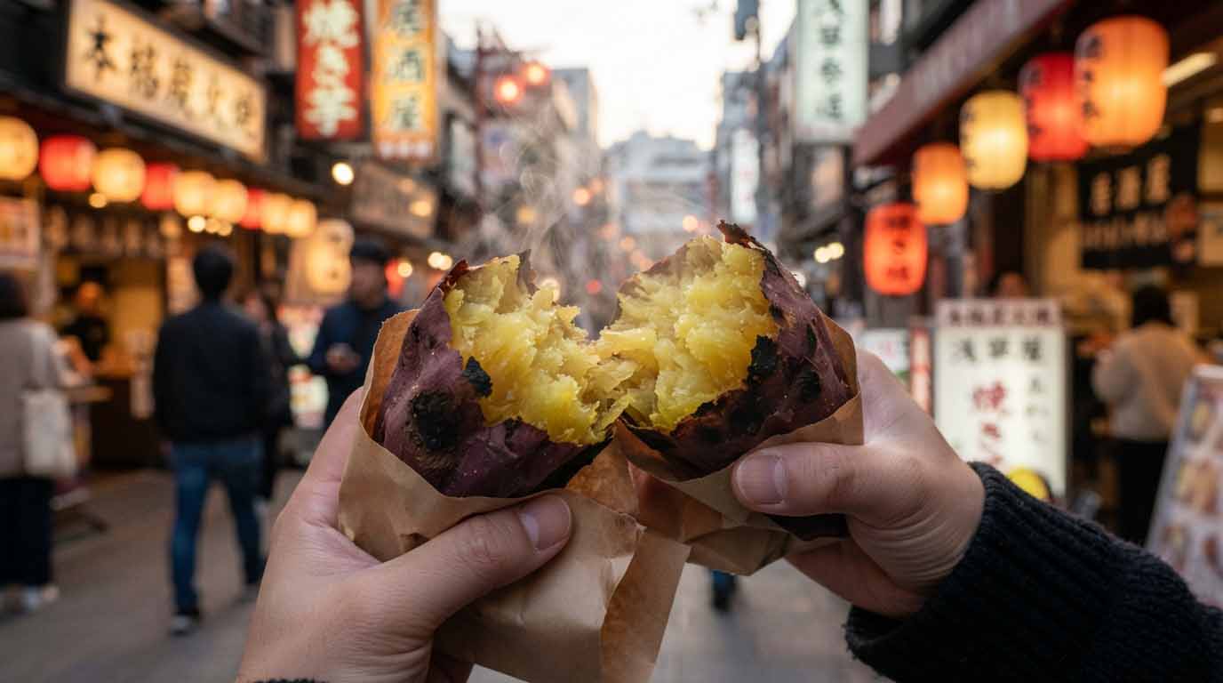 Le Japon en automne : pourquoi je repartirais à cette saison 3 Patate douce japonaise yaki-imo cuite au four et fumante dans une rue en automne.
