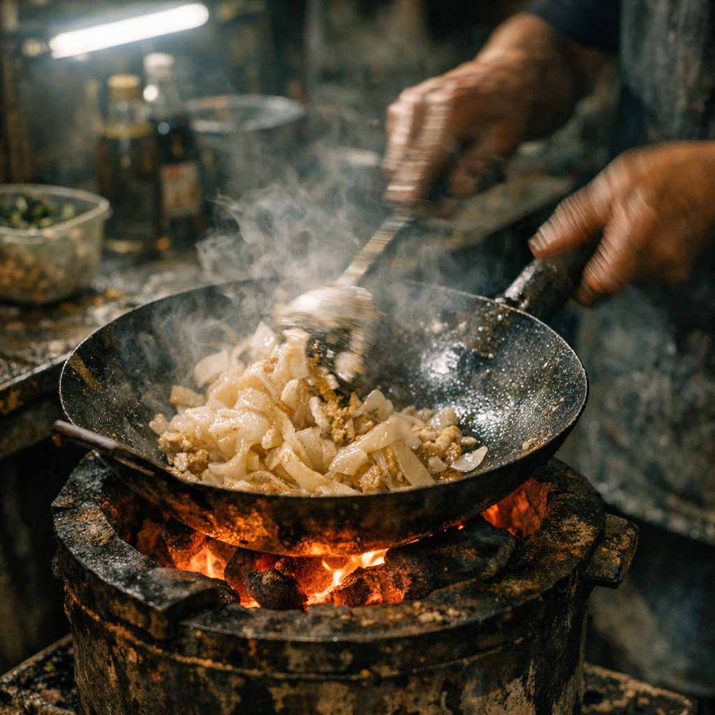 Bangkok après minuit : ce que j'ai découvert en dehors des circuits touristiques 2 Gros plan sur un wok en fonte saisissant des nouilles sautées sur un feu de charbon de bois traditionnel à Bangkok à 3h du matin.