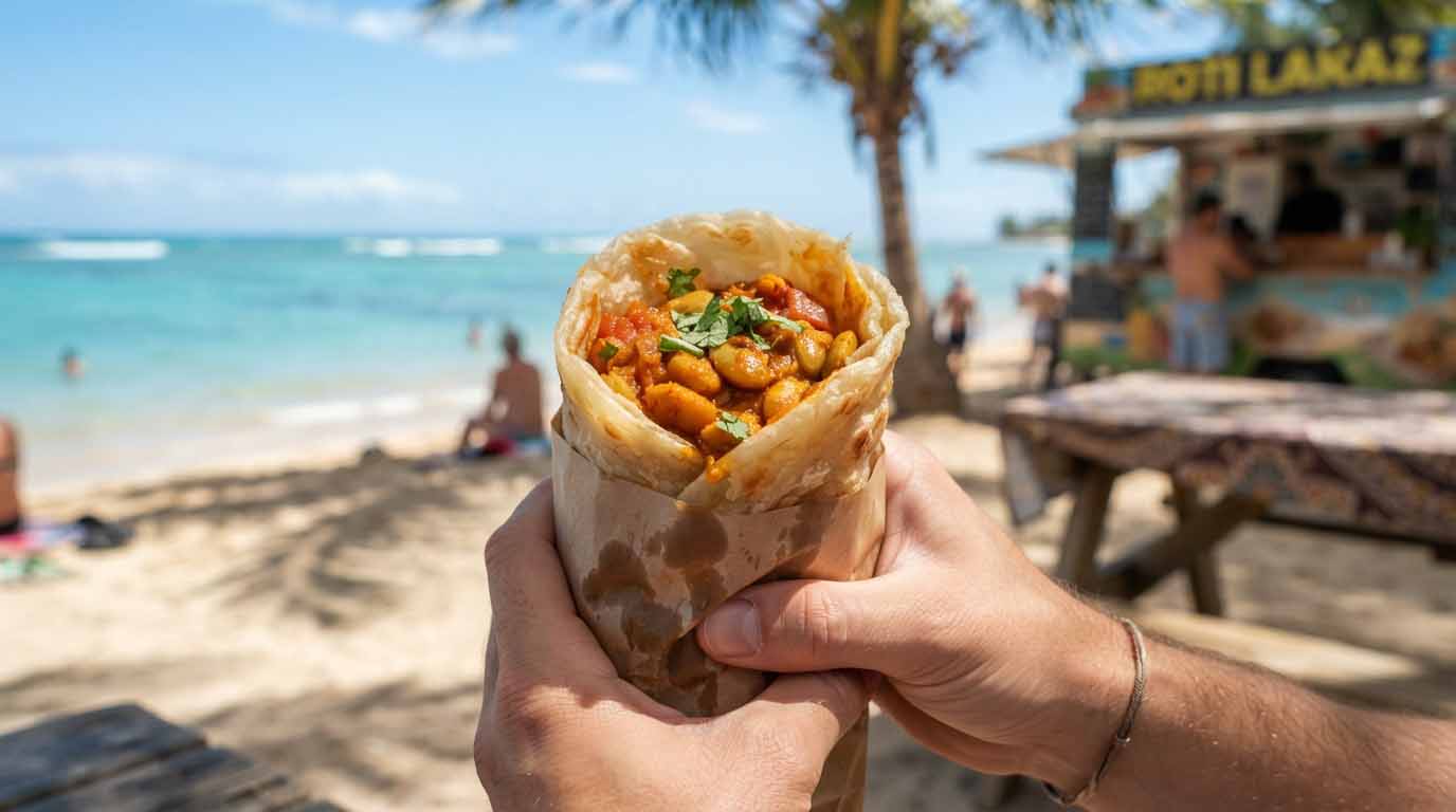 Île Maurice : les plages qui m'ont vraiment surpris 4 Dégustation d'un roti mauricien au curry garni face au lagon turquoise.