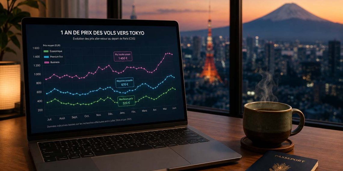 Pendant un an, j'ai suivi les prix des vols vers Tokyo : voici ce que j'ai découvert 1 Espace de travail de planification de voyage affichant un graphique de suivi de l'évolution des prix des billets d'avion vers Tokyo sur un ordinateur portable pendant un an.