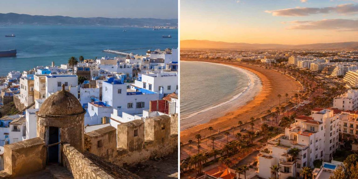 Tanger ou Agadir : laquelle choisir pour un premier voyage au Maroc ? 1 Comparatif visuel entre la médina historique de Tanger surplombant la mer et la grande plage ensoleillée d'Agadir pour un premier voyage au Maroc.
