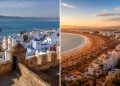 Comparatif visuel entre la médina historique de Tanger surplombant la mer et la grande plage ensoleillée d'Agadir pour un premier voyage au Maroc.