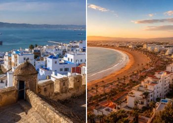 Comparatif visuel entre la médina historique de Tanger surplombant la mer et la grande plage ensoleillée d'Agadir pour un premier voyage au Maroc.