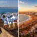 Tanger ou Agadir : laquelle choisir pour un premier voyage au Maroc ? 11 Comparatif visuel entre la médina historique de Tanger surplombant la mer et la grande plage ensoleillée d'Agadir pour un premier voyage au Maroc.