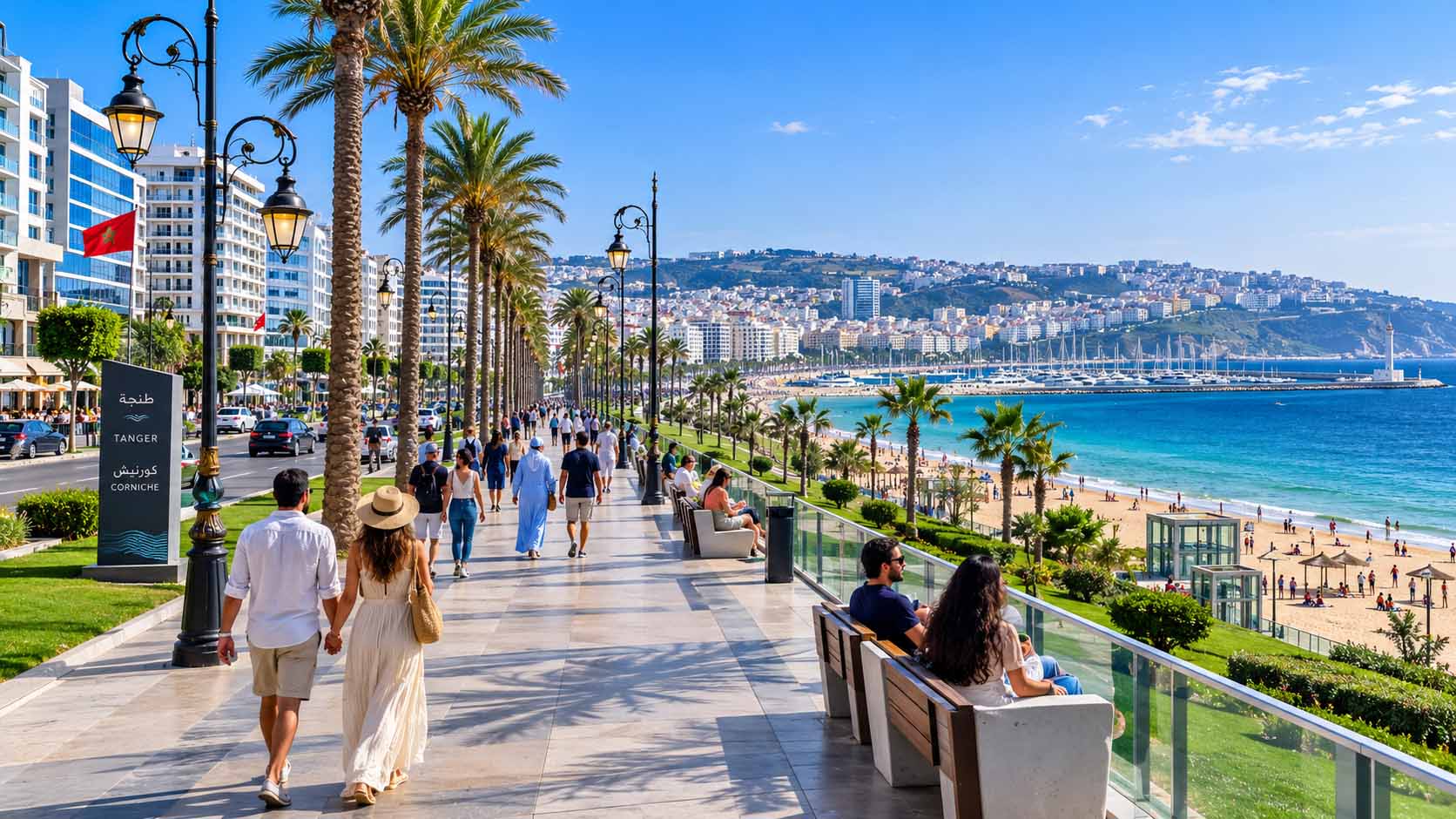 Tanger ou Agadir : laquelle choisir pour un premier voyage au Maroc ? 3 Large avenue moderne de la Corniche de Tanger longeant la plage avec la marina en arrière-plan.